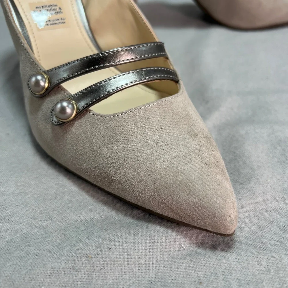 Liz Claiborne Pumps Koala Grey Faux Suede Pearl‎ Strappy Elegant Neutral 9 WIDE
